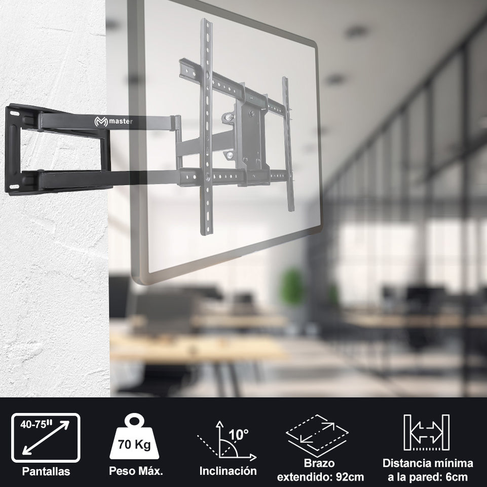 Soporte Móvil con brazo para TV y Pantallas 40”–75” | Altura Ajustable y Base de Acero | HO-ARML90