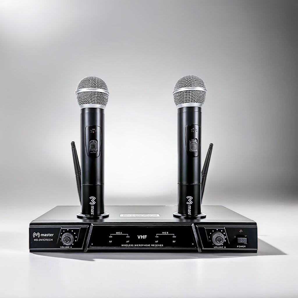Sistema profesional con 2 micrófonos inalámbricos recargables VHF de alto alcance | MS-2MICRECH