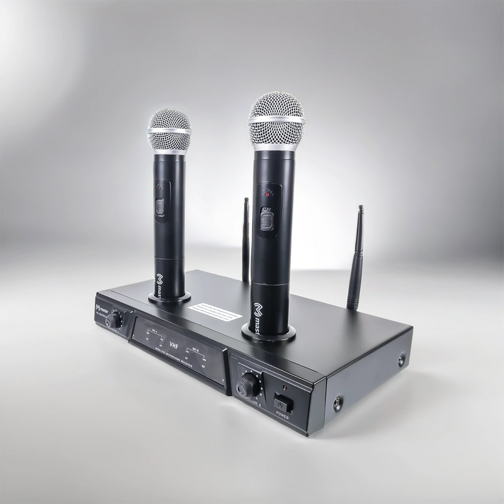 Sistema profesional con 2 micrófonos inalámbricos recargables VHF de alto alcance | MS-2MICRECH