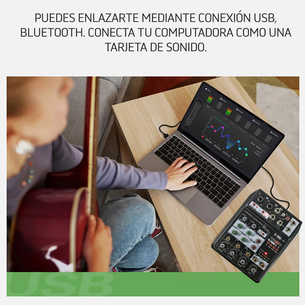 Mezclador de DJ y Tarjeta de Sonido, Minimezclador de Tarjeta de Sonido de 4 Canales, Interfaz de Audio USB de Consola para Grabación de PC, Canto para Guitarra. - MS-MIXERACTIVE