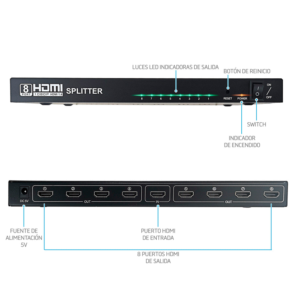 Divisor HDMI 1×8 Master | 4K UHD, HDCP, Plug & Play para 8 pantallas - MV-HDMISP1-8