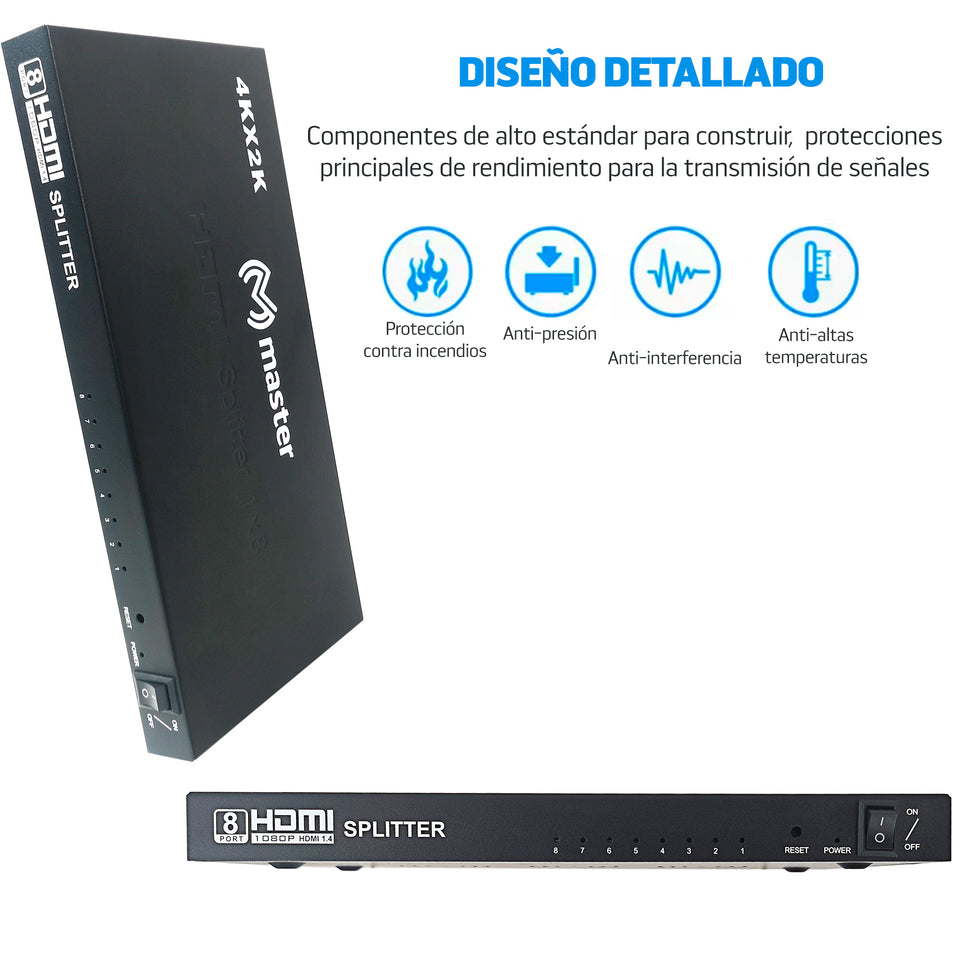 Divisor HDMI 1×8 Master | 4K UHD, HDCP, Plug & Play para 8 pantallas - MV-HDMISP1-8