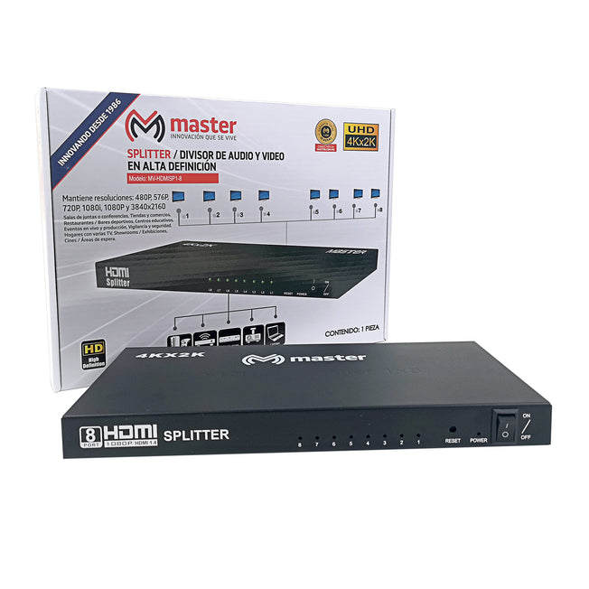 Divisor HDMI 1×8 Master | 4K UHD, HDCP, Plug & Play para 8 pantallas - MV-HDMISP1-8
