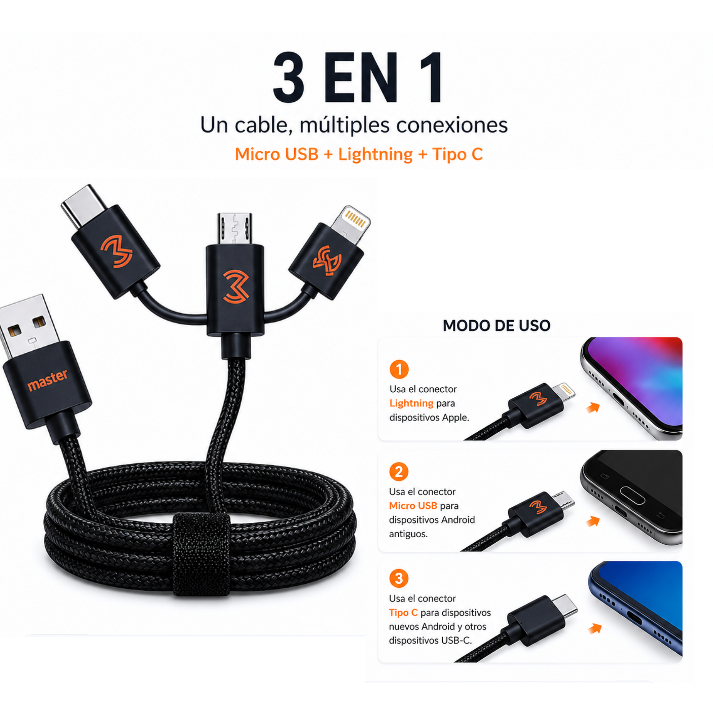 Cable para dispositivos móviles 3 en 1 | MC-USB-3IN1