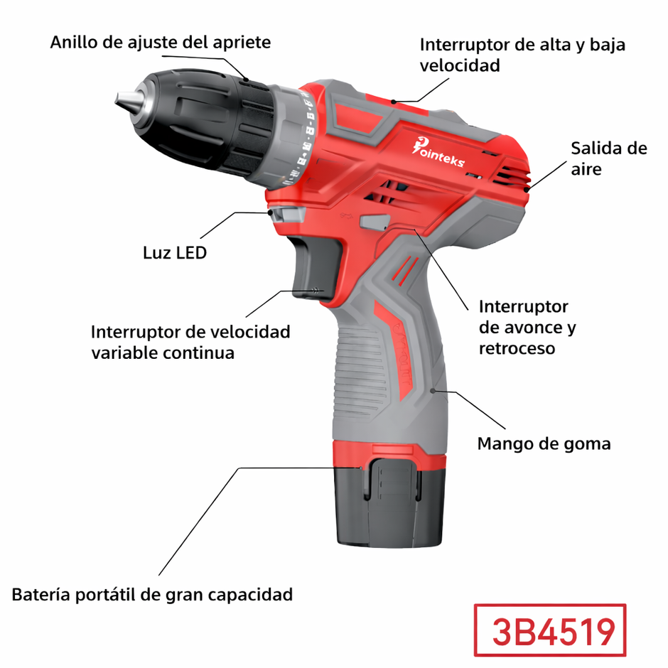 Taladro Inalámbrico 12V 30Nm con 2 Velocidades y Luz LED Compacto y Potente |  3B4519