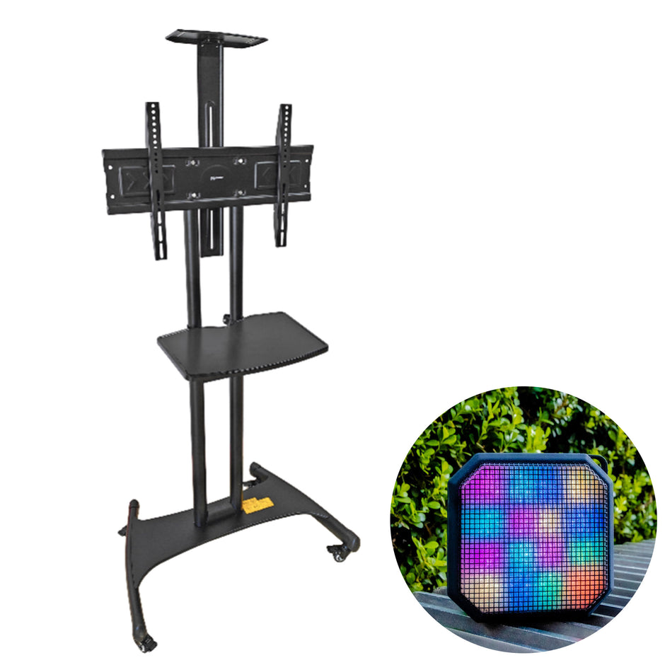 Kit de video y audio: soporte móvil para pantallas con repisa + mini-bocina bluetooth