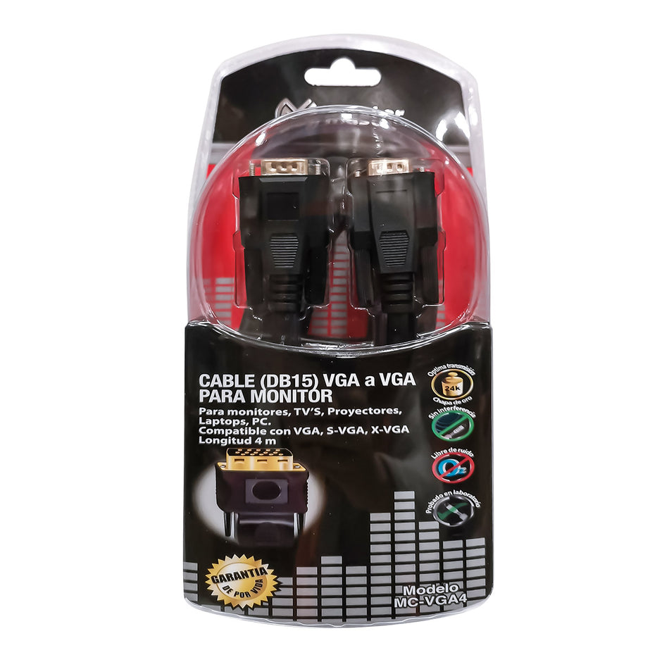 Cable VGA a VGA DB15 de 4 Metros | Compatible con Monitores, Laptops, Proyectores y TV