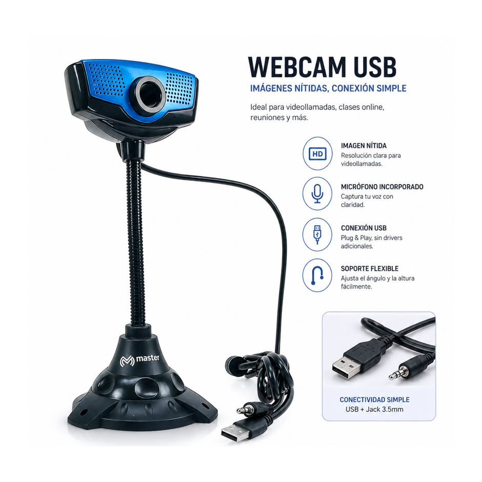 Cámara Web con Base Flexible y Cable de 1.5m | Compatible con PC, Laptop y Smart Box vía USB  MC-WEBCAM