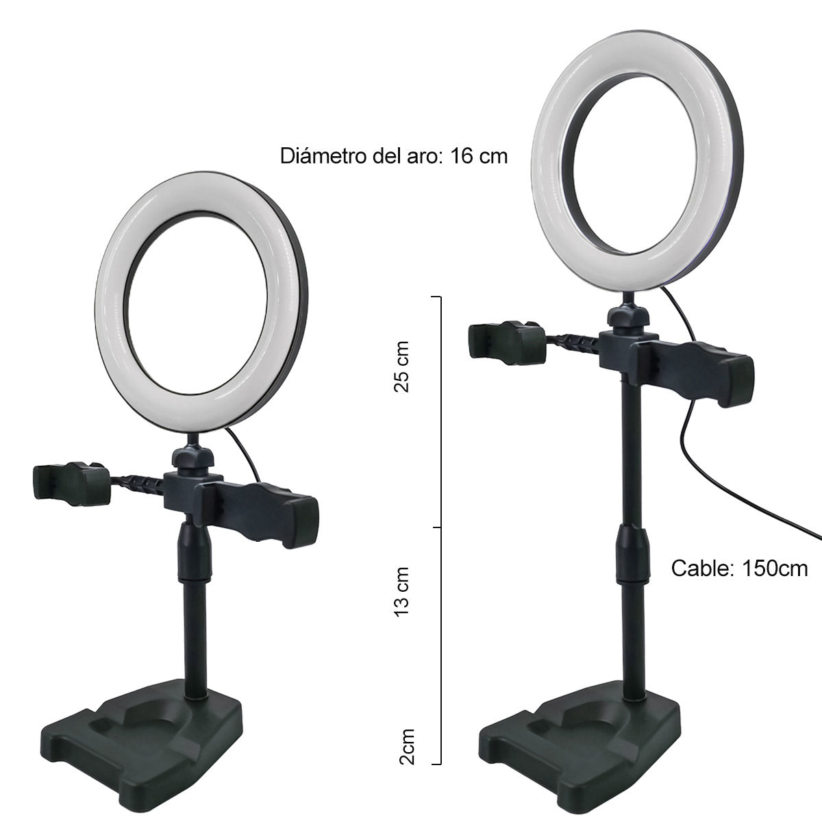 Soporte para aro de luz de mesa con 2 clips para celular | ML-RINGDESK