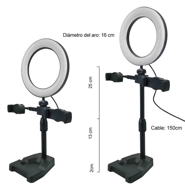 Soporte para aro de luz de mesa con 2 clips para celular | ML-RINGDESK