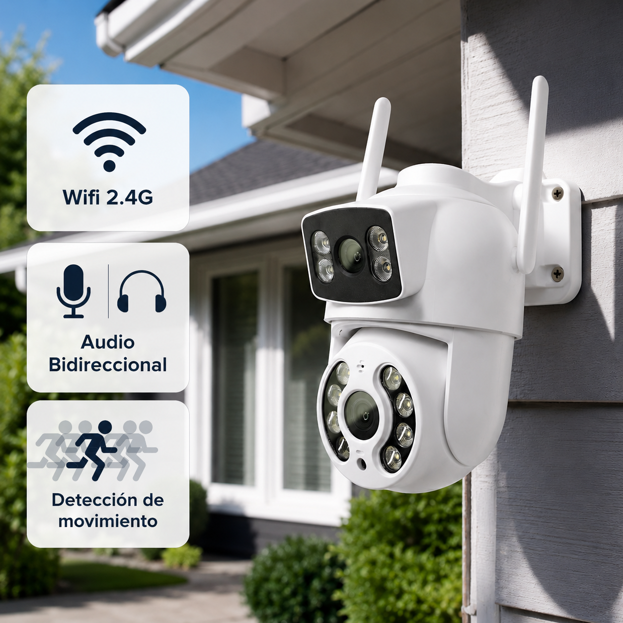 Cámara de Seguridad Exterior WiFi 2K 3MP Doble Lente IP66 con Audio, Visión Nocturna y Pan/Tilt | MS-CE3
