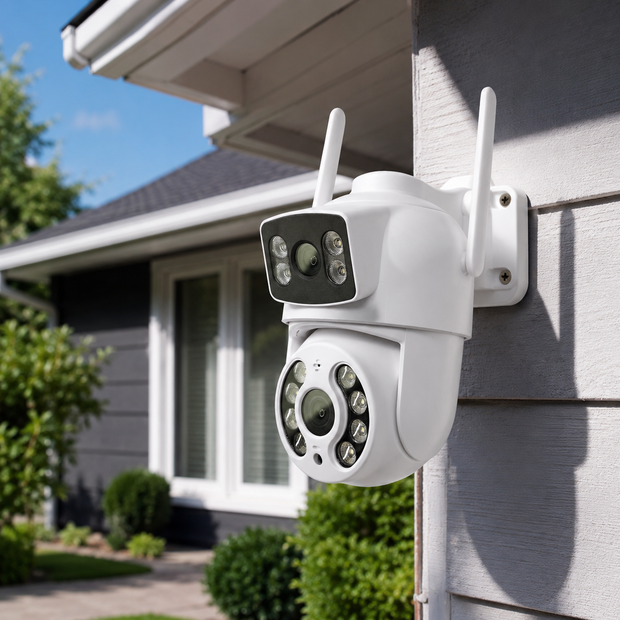 Cámara de Seguridad Exterior WiFi 2K 3MP Doble Lente IP66 con Audio, Visión Nocturna y Pan/Tilt | MS-CE3