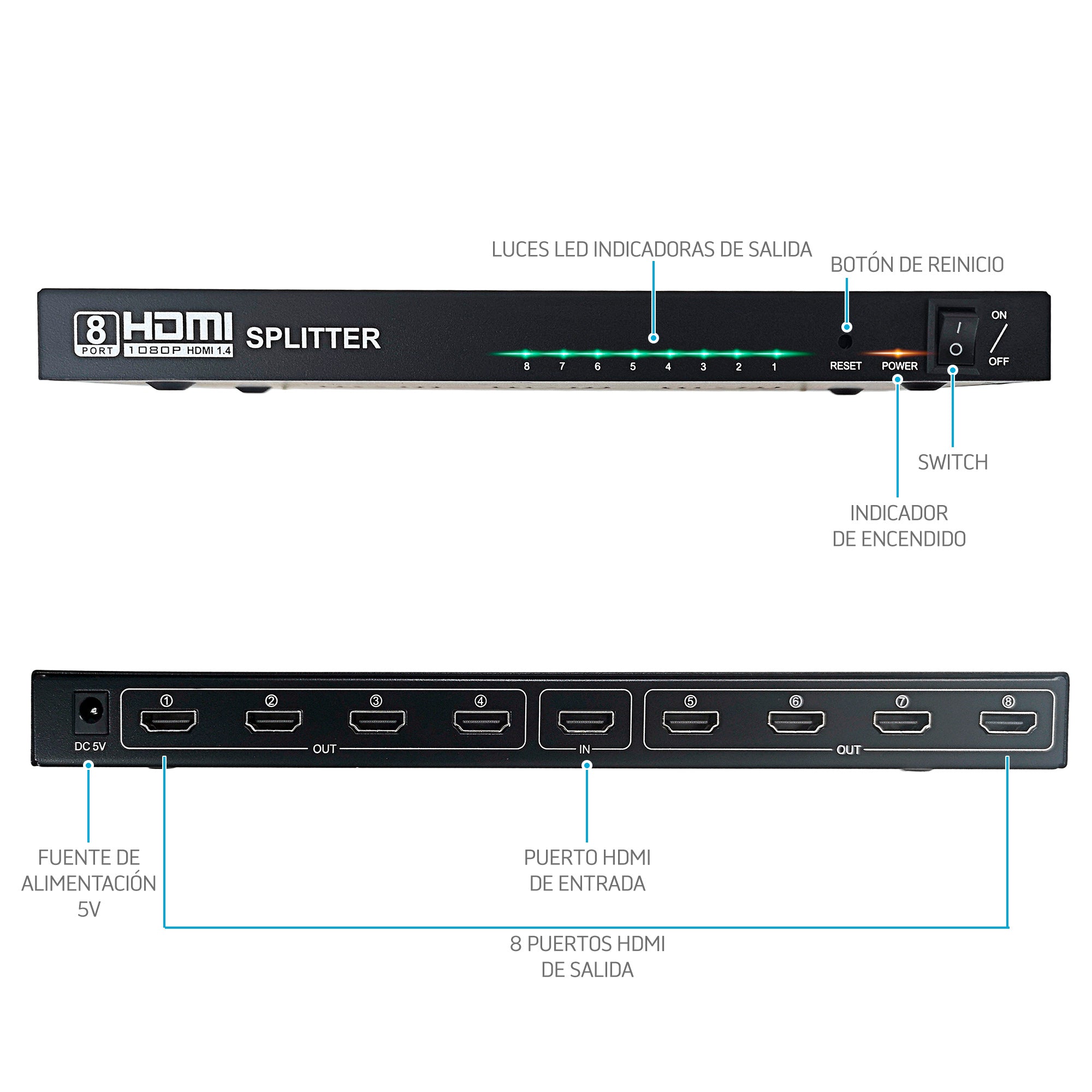 Divisor HDMI 1×8 Master | 4K UHD, HDCP, Plug & Play para 8 pantallas - MV-HDMISP1-8