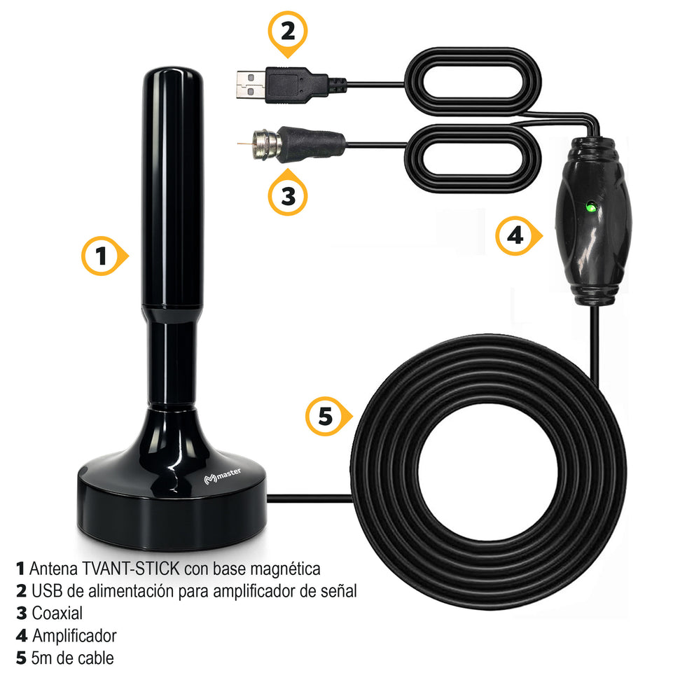 Antena HD Omnidireccional para TV Digital | Uso Interior/Exterior, Base Imantada | TVANT-STICK