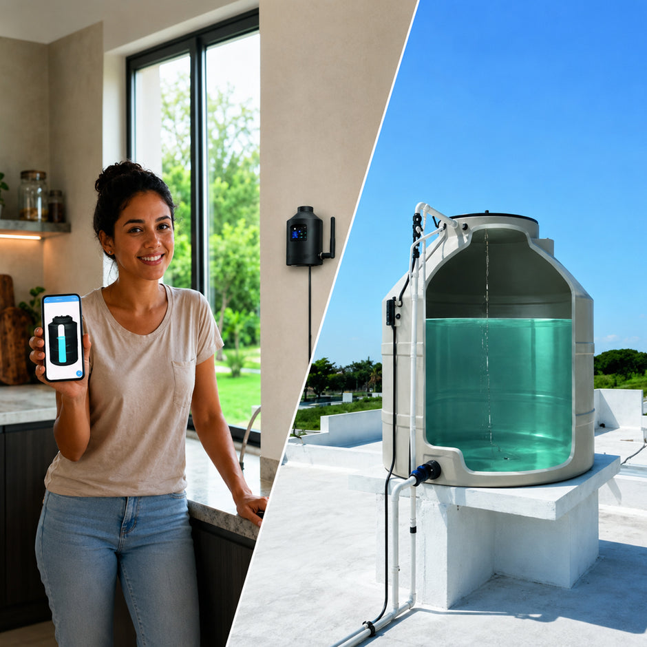 Medidor y sensor inteligente de nivel de agua para tinacos, cisternas y depósitos de agua, WiFi con App, Alertas de Desabasto, Desborde y Llegada de Agua | CONNECT-WATERPRO