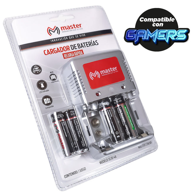 Cargador de baterías AA, AAA, 9V de 6W con 4 baterías AA | EL10-4A
