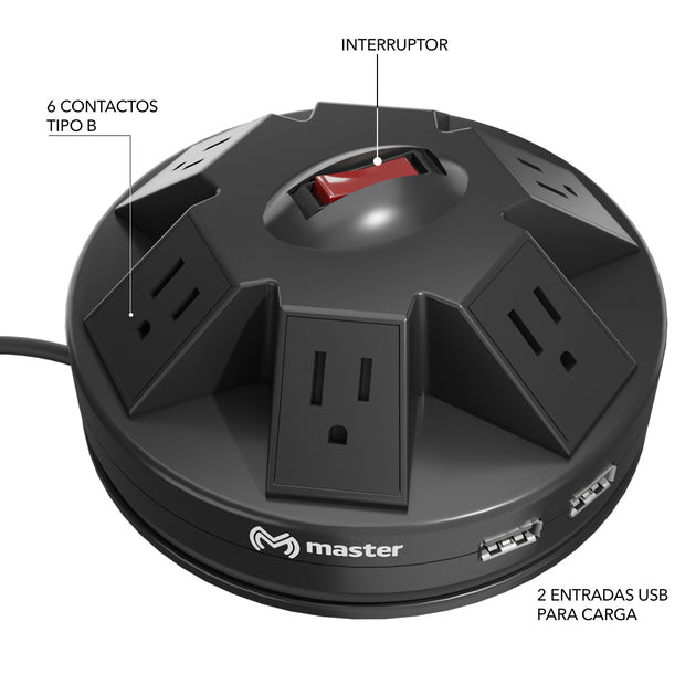 Multicontacto de escritorio con 6 entradas, supresión de picos y 2 puertos USB | MP-CIRCULO6