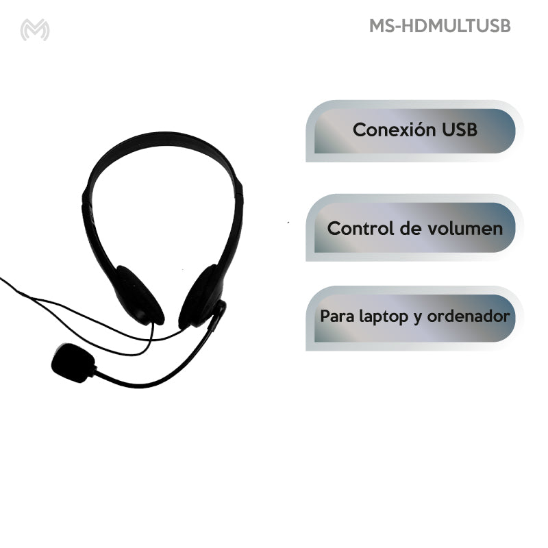 Audífonos de Diadema con Micrófono Ajustable Comodidad para Videollamadas y Clases Virtuales | MS-HDMULTUSB