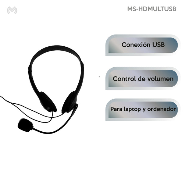 Audífonos de Diadema con Micrófono Ajustable Comodidad para Videollamadas y Clases Virtuales | MS-HDMULTUSB