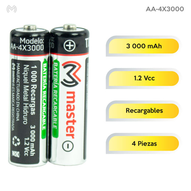 Baterías Recargables AA 3000mAh NiMH – Pack con 4 Piezas