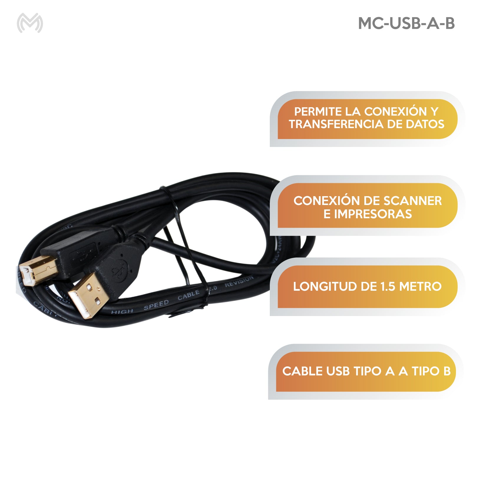 Cable USB A Macho a B Macho 1.5 Metros Ideal para Impresoras y Escáneres  | MC-USB-A-B