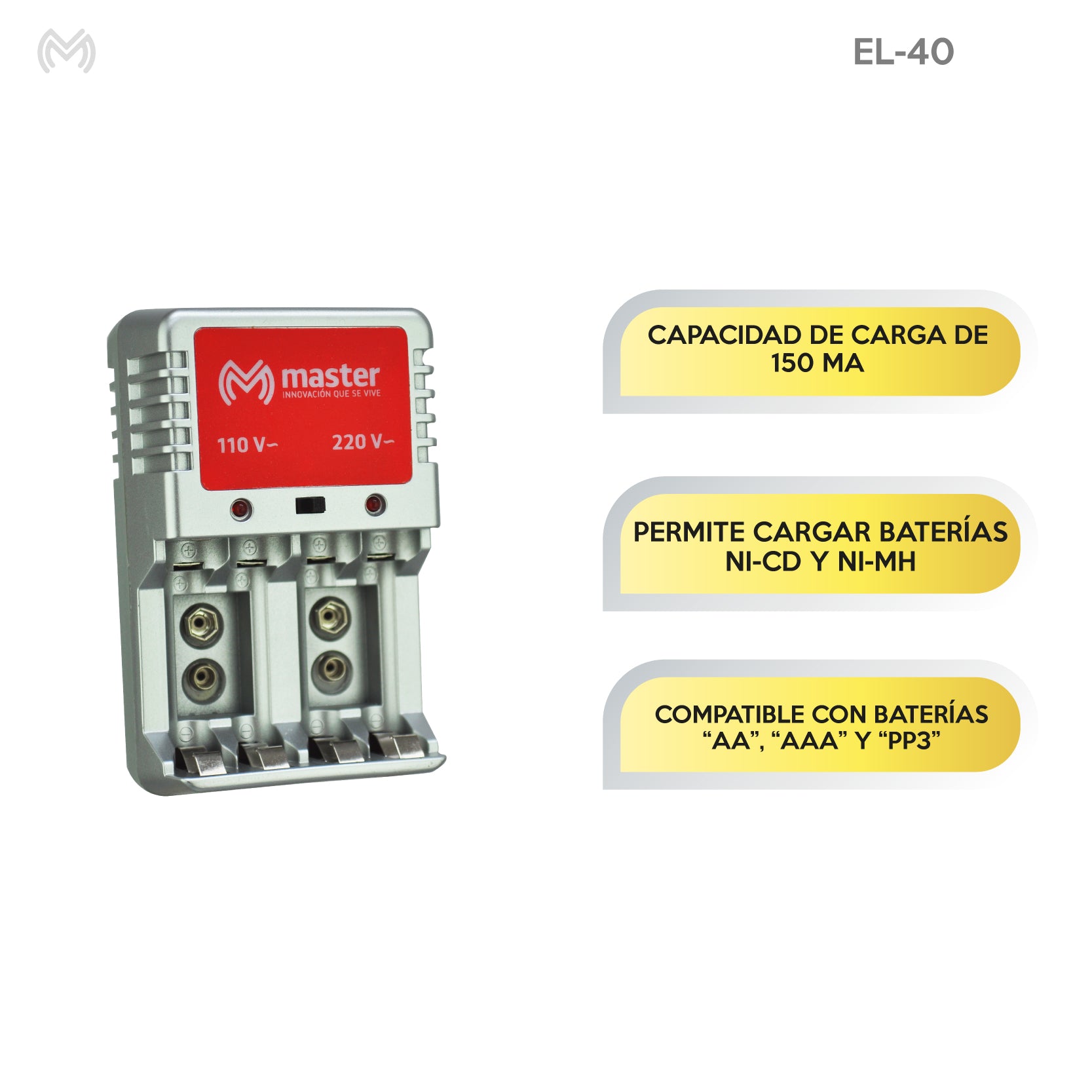 Cargador de Baterías AA, AAA y 9V – 6W con 4 Baterías AA 3000mAh