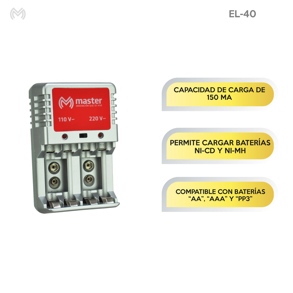 Cargador de Baterías AA, AAA y 9V – 6W con 4 Baterías AA 3000mAh